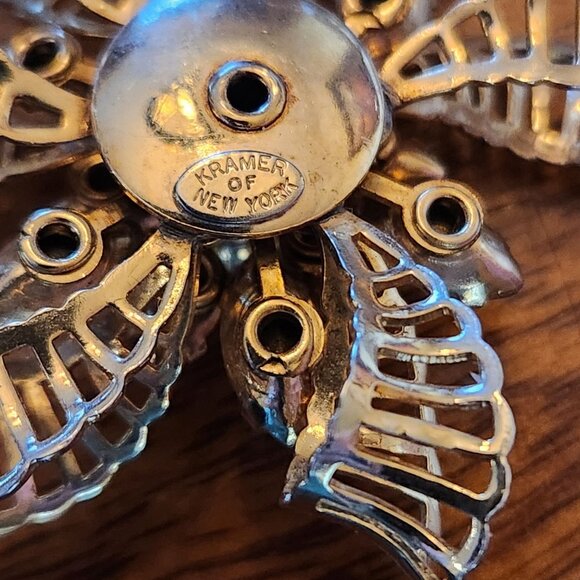 Vintage Kramer Of New York Gold-Tone & Rhinestone Floral Brooch Pin - Picture 2 of 2